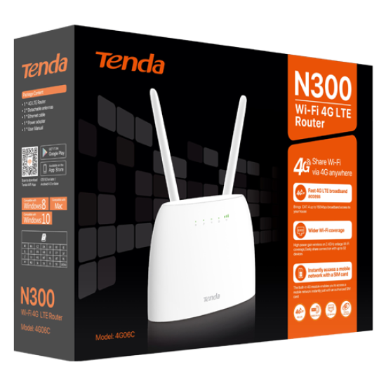 TND-4G06C | TENDA | Router LTE 4G Wireless 2 x 10/100 Mbps, SIM, 802.11 b/g/n 2.4Ghz, 300Mbps - TENDA TND-4G06C Router LTE 4G Wireless 2 x 10/100 Mbps, SIM, 802.11 b/g/n 2.4Ghz, 300Mbps - TENDA TND-4G06C