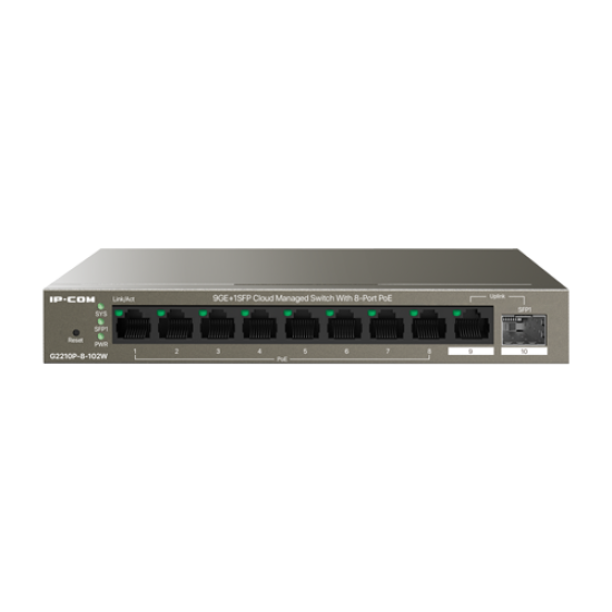 G2210P-8-102W | IP-COM | Switch 8 porturi PoE, 1 port RJ45, 1 port SFP, Gigabit, Cloud Management - IP-COM G2210P-8-102W Switch 8 porturi PoE, 1 port RJ45, 1 port SFP, Gigabit, Cloud Management - IP-COM G2210P-8-102W