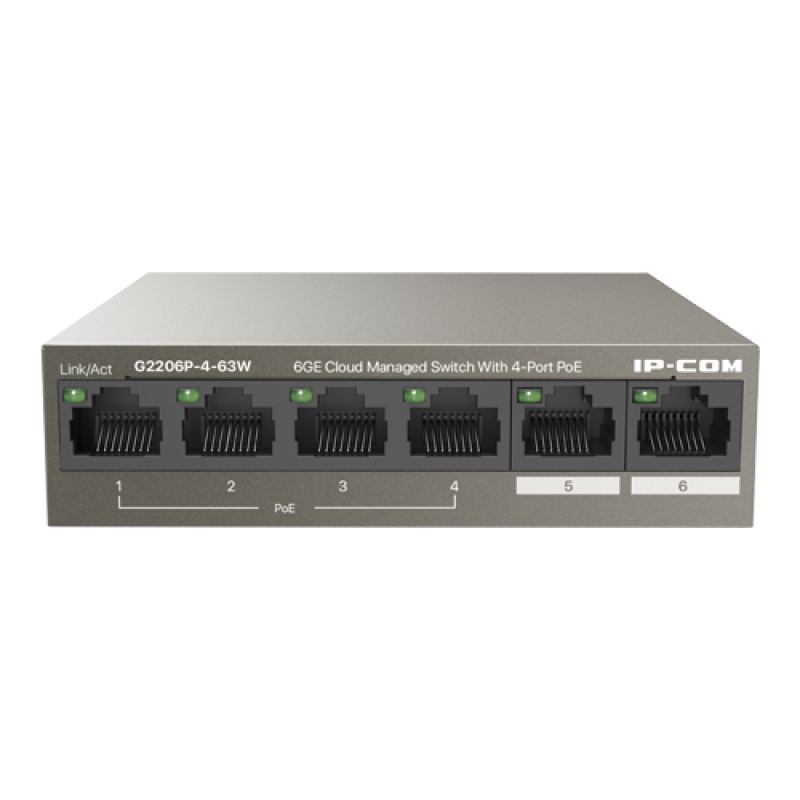 Switch 4 porturi Gigabit PoE+, 2 porturi RJ45 Gigabit, 58W, Management - IP-COM G2206P-4-63W – IP-COM G2206P-4-63W