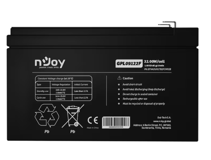 Acumulator nJoy 12V VRLA GPL09122F – plumb-acid sigilata, pentru UPS si sisteme de securitate – NJOY BTVACIUOCTB2FCW02B