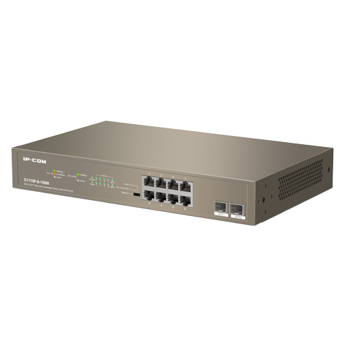 Switch 8 porturi PoE+ Gigabit, 2 porturi SFP Gigabit, 130W, 1U - IP-COM G1110P-8-150W