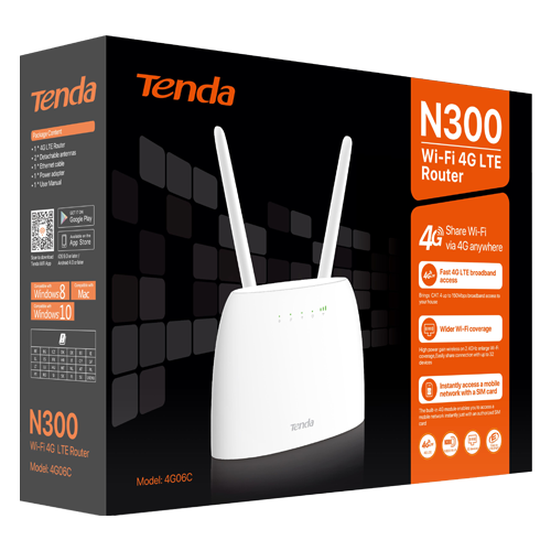 Router LTE 4G Wireless 2 x 10/100 Mbps, SIM, 802.11 b/g/n 2.4Ghz, 300Mbps - TENDA TND-4G06C