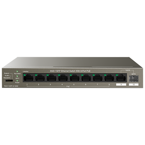 Switch 8 porturi Gigabit PoE, 1 port Uplink Gigabit, 1 port SFP Uplink Gigabit - Tenda TND-TEG1110PF-8-102W