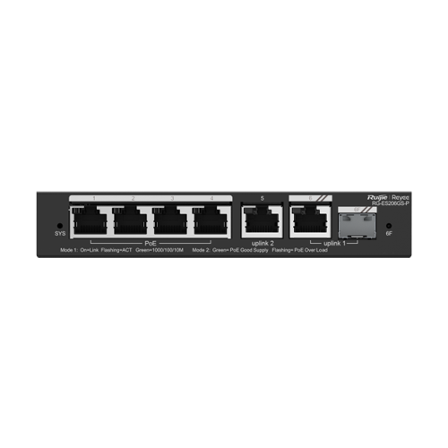 RG-ES206GS-P | Ruijie Networks | Switch 4 porturi PoE+, 2 porturi GE, 1 port SFP, Gigabit, Cloud Management - Ruijie RG-ES206GS-P Switch 4 porturi PoE+, 2 porturi GE, 1 port SFP, Gigabit, Cloud Management - Ruijie RG-ES206GS-P