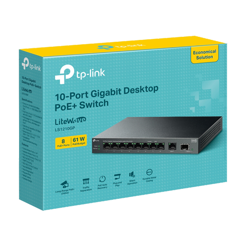 LS1210GP | TP-LINK | Switch LiteWave, 8 x RJ45 1G PoE, 1 x SFP 1G, 1 x RJ45 1G, Buget PoE 61W, Unmanaged - TP-Link LS1210GP Switch LiteWave, 8 x RJ45 1G PoE, 1 x SFP 1G, 1 x RJ45 1G, Buget PoE 61W, Unmanaged - TP-Link LS1210GP