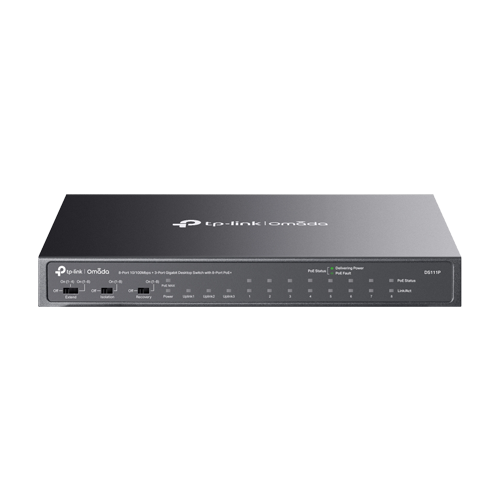 DS111P | TP-LINK | Switch 8 x RJ45 10/100 Mbps PoE, 2 x RJ45 1G, 1 x SFP 1G, Buget PoE 65W, Unanaged - TP-Link Omada DS111P Switch 8 x RJ45 10/100 Mbps PoE, 2 x RJ45 1G, 1 x SFP 1G, Buget PoE 65W, Unanaged - TP-Link Omada DS111P