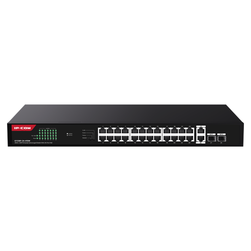 G1128P-24-410W | IP-COM | Switch 24 porturi Gigabit PoE, 2 x RJ45 Uplink Gigabit, 2 x SFP Gigabit, 1U - IP-COM G1128P-24-410W Switch 24 porturi Gigabit PoE, 2 x RJ45 Uplink Gigabit, 2 x SFP Gigabit, 1U - IP-COM G1128P-24-410W
