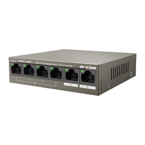 G2206P-4-63W | IP-COM | Switch 4 porturi Gigabit PoE+, 2 porturi RJ45 Gigabit, 58W, Management - IP-COM G2206P-4-63W Switch 4 porturi Gigabit PoE+, 2 porturi RJ45 Gigabit, 58W, Management - IP-COM G2206P-4-63W