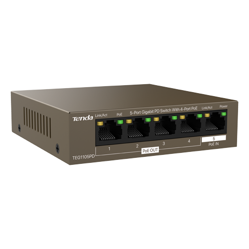 TENDA TND-TEG1105PD – Switch 4 porturi PoE OUT, 1 port PoE IN, Gigabit - TENDA TND-TEG1105PD Switch 4 porturi PoE OUT, 1 port PoE IN, Gigabit - TENDA TND-TEG1105PD – TENDA TND-TEG1105PD