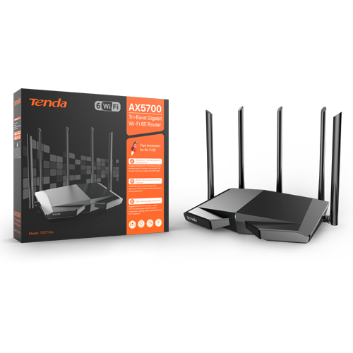 TND-TX27-PRO | TENDA | Router Wi-Fi 6e, AX5700 TriBand 2.4/5GHz/6GHz, 861+2402+2402 Mbps, 5x6dBi, 4 x Gigabit - TENDA TND-TX27-PRO Router Wi-Fi 6e, AX5700 TriBand 2.4/5GHz/6GHz, 861+2402+2402 Mbps, 5x6dBi, 4 x Gigabit - TENDA TND-TX27-PRO