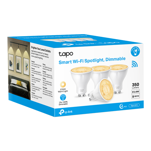 TapoL610(4-pack) | TP-LINK | Set 4 becuri smart Wi-Fi, lumina calda 2700K ajustabila, 350 lm, GU10 - TP-Link Tapo TapoL610(4-pack) Set 4 becuri smart Wi-Fi, lumina calda 2700K ajustabila, 350 lm, GU10 - TP-Link Tapo TapoL610(4-pack)