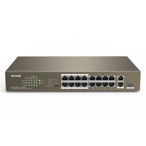 Switch 16 porturi PoE 10/100 Mbps, 2 port RJ45 Gigabit, 1 port SFP Gigabit - TENDA TND-TEF1118P-16-150W-V30 – TENDA TND-TEF1118P-16-150W-V30