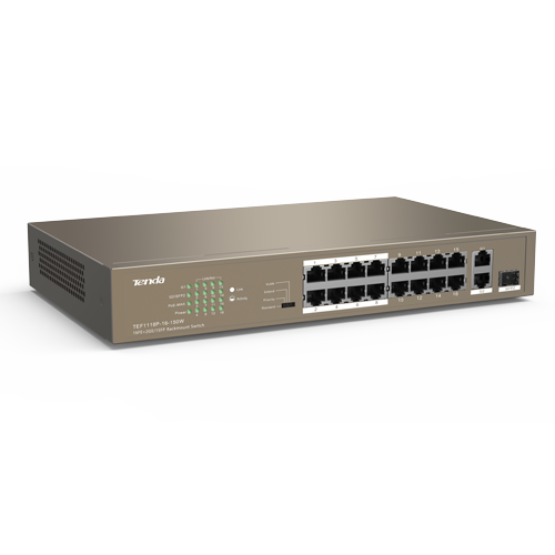 Switch 16 porturi PoE 10/100 Mbps, 2 port RJ45 Gigabit, 1 port SFP Gigabit - TENDA TND-TEF1118P-16-150W-V30 – TENDA TND-TEF1118P-16-150W-V30