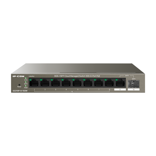 Switch 8 porturi PoE, 1 port RJ45, 1 port SFP, Gigabit, Cloud Management - IP-COM G2210P-8-102W – IP-COM G2210P-8-102W