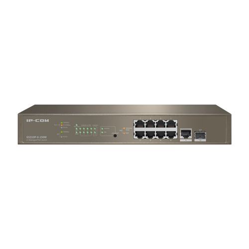 Switch 8 porturi PoE Gigabit, 1 port RJ45 Gigabit, 1 port SFP Gigabit, 1U, L3 Management - IP-COM G5310P-8-150W – IP-COM G5310P-8-150W