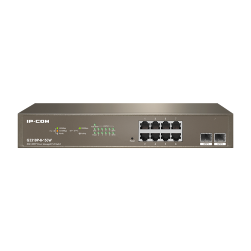 Switch 8 porturi PoE Gigabit, 2 porturi SFP Gigabit, Cloud Management - IP-COM G3310P-8-150W – IP-COM G3310P-8-150W