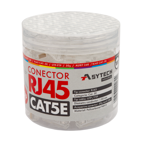 Mufa RJ-45 UTP Cat.5e, 50µ (100 buc) RJ45-CAT5E-50U-JAR – ASYTECH Networking RJ45-CAT5E-50U-JAR