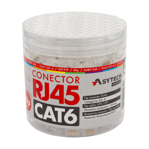 Mufa RJ-45 UTP Cat.6, 50µ (100 buc) RJ45-CAT6-50U-JAR – ASYTECH Networking RJ45-CAT6-50U-JAR