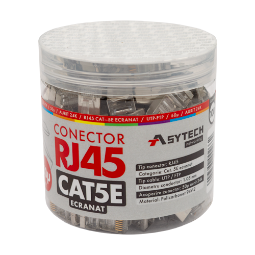 Mufa RJ-45 FTP Cat.5e, ecranata, 50µ (100 buc) RJ45M-CAT5E-50U-JAR – ASYTECH Networking RJ45M-CAT5E-50U-JAR