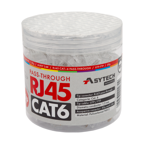 Mufa RJ-45 UTP Cat.6 EZ Passthrough, 50µ (100 buc) RJ45-CAT6-EZ-50U-JAR – ASYTECH Networking RJ45-CAT6-EZ-50U-JAR