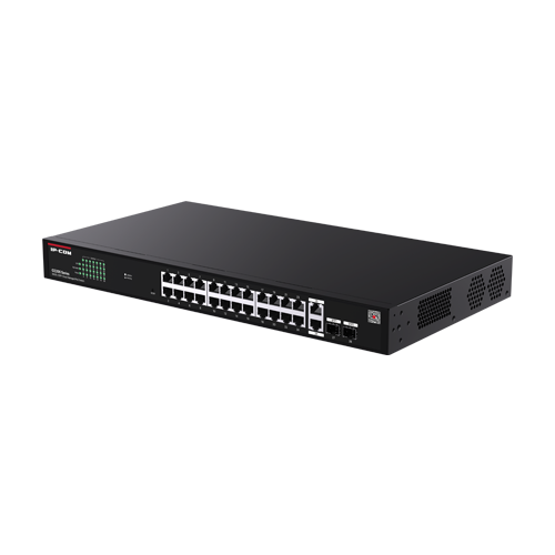 Switch 24 porturi PoE RJ45 Gigabit, 2 x RJ45 Gigabit, 2 x SFP Gigabit, Management, 1U - IP-COM G2228P-24-410W – IP-COM G2228P-24-410W