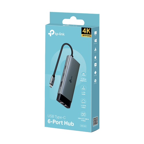 Hub USB-C 6-in-1, 1 x USB-C PD 100W, 1 x USB-C, 2 x USB-A, 1 x HDMI 4K@60Hz, 1 x RJ45 1G - TP-Link UH6120C – TP-LINK UH6120C