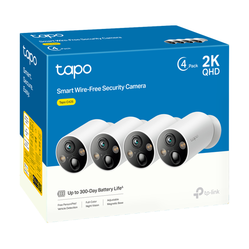 Kit 4 x Camera IP Smart Wi-Fi, 4MP, Baterie reincarcabila, Audio bidirectional, Alarma - TP-Link Tapo TapoC425(4-pack) – TP-LINK TapoC425(4-pack)