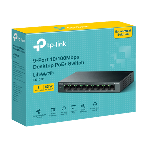 Switch LiteWave, 8 x RJ45 10/100 Mbps PoE, 1 x RJ45 10/100 Mbps, Buget PoE 63W, Unmanaged - TP-Link LS109P – TP-LINK LS109P