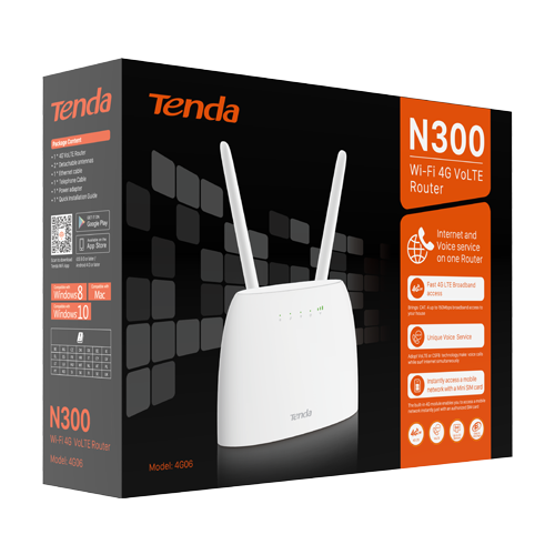 TENDA TND-4G06 – Router 4G, Wi-Fi, N300, 2.4GHz, 1 x SIM, 2 x RJ45 10/100 Mbps, 1 x RJ11 - TENDA TND-4G06 Router 4G, Wi-Fi, N300, 2.4GHz, 1 x SIM, 2 x RJ45 10/100 Mbps, 1 x RJ11 - TENDA TND-4G06 – TENDA TND-4G06