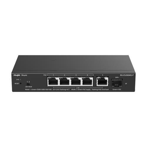 Switch 4 x RJ45 2.5G PoE, 1 x SFP+ 10G, 1 x RJ45 2.5G, Cloud Management - Ruijie Reyee RG-ES206MG-P – Ruijie Networks RG-ES206MG-P