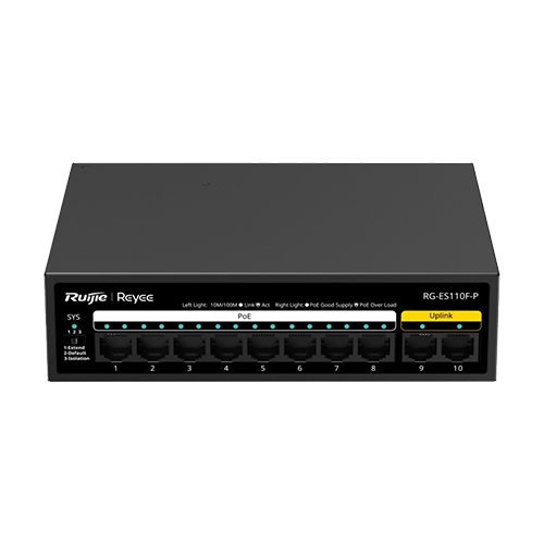 Switch L2, 8 x RJ45 10/100 Mbps PoE, 2 x RJ45 10/100 Mbps, Unmanaged - Ruijie Reyee RG-ES110F-P Switch L2, 8 x RJ45 10/100 Mbps PoE, 2 x RJ45 10/100 Mbps, Unmanaged - Ruijie Reyee RG-ES110F-P