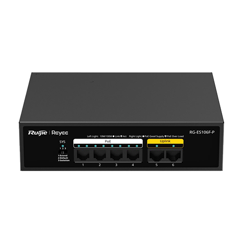 Switch L2, 4 x RJ45 10/100 Mbps PoE, 2 x RJ45 10/100 Mbps, Unmanaged - Ruijie Reyee RG-ES106F-P – Ruijie Networks RG-ES106F-P