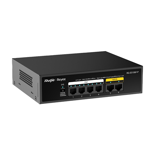 Switch L2, 4 x RJ45 10/100 Mbps PoE, 2 x RJ45 10/100 Mbps, Unmanaged - Ruijie Reyee RG-ES106F-P – Ruijie Networks RG-ES106F-P