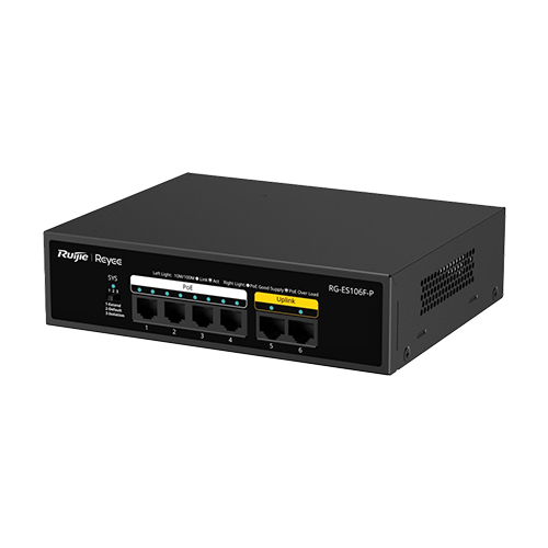Switch L2, 4 x RJ45 10/100 Mbps PoE, 2 x RJ45 10/100 Mbps, Unmanaged - Ruijie Reyee RG-ES106F-P – Ruijie Networks RG-ES106F-P