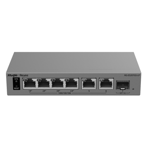 Ruijie Networks RG-ES207GS-LP – Switch L2, 6 x RJ45 1G (4 x PoE+), 1 x SFP 1G, Putere PoE 40W, Cloud Management - Ruijie Reyee RG-ES207GS-LP Switch L2, 6 x RJ45 1G (4 x PoE+), 1 x SFP 1G, Putere PoE 40W, Cloud Management - Ruijie Reyee RG-ES207GS-LP – Ruijie Networks RG-ES207GS-LP