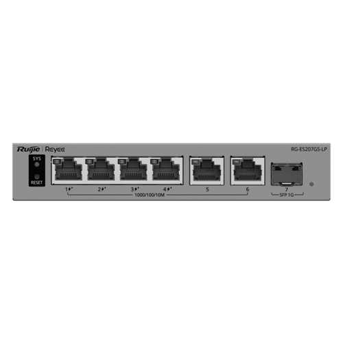 Ruijie Networks RG-ES207GS-LP – Switch L2, 6 x RJ45 1G (4 x PoE+), 1 x SFP 1G, Putere PoE 40W, Cloud Management - Ruijie Reyee RG-ES207GS-LP Switch L2, 6 x RJ45 1G (4 x PoE+), 1 x SFP 1G, Putere PoE 40W, Cloud Management - Ruijie Reyee RG-ES207GS-LP – Ruijie Networks RG-ES207GS-LP