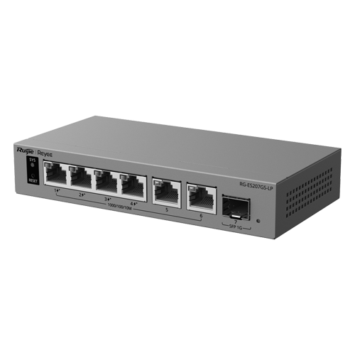 Ruijie Networks RG-ES207GS-LP – Switch L2, 6 x RJ45 1G (4 x PoE+), 1 x SFP 1G, Putere PoE 40W, Cloud Management - Ruijie Reyee RG-ES207GS-LP Switch L2, 6 x RJ45 1G (4 x PoE+), 1 x SFP 1G, Putere PoE 40W, Cloud Management - Ruijie Reyee RG-ES207GS-LP – Ruijie Networks RG-ES207GS-LP