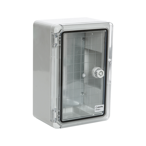 Cutie distributie IP65 din ABS gri, usa transparenta, placa metalica, 200x300x130 mm PP3011 – Plastim PP3011