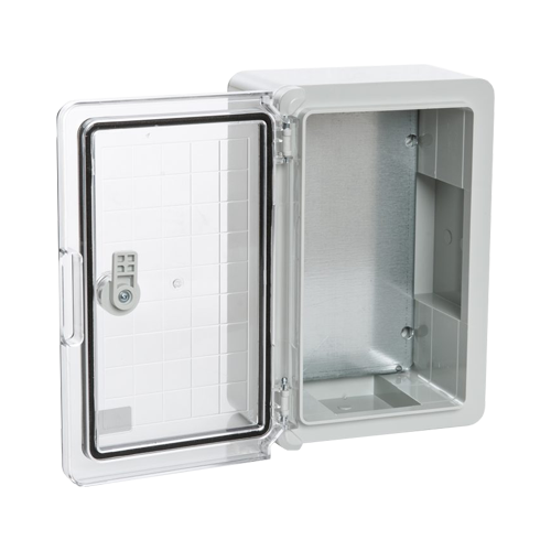 Cutie distributie IP65 din ABS gri, usa transparenta, placa metalica, 200x300x130 mm PP3011 – Plastim PP3011