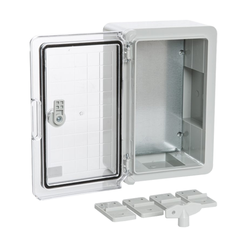Cutie distributie IP65 din ABS gri, usa transparenta, placa metalica, 200x300x130 mm PP3011 – Plastim PP3011