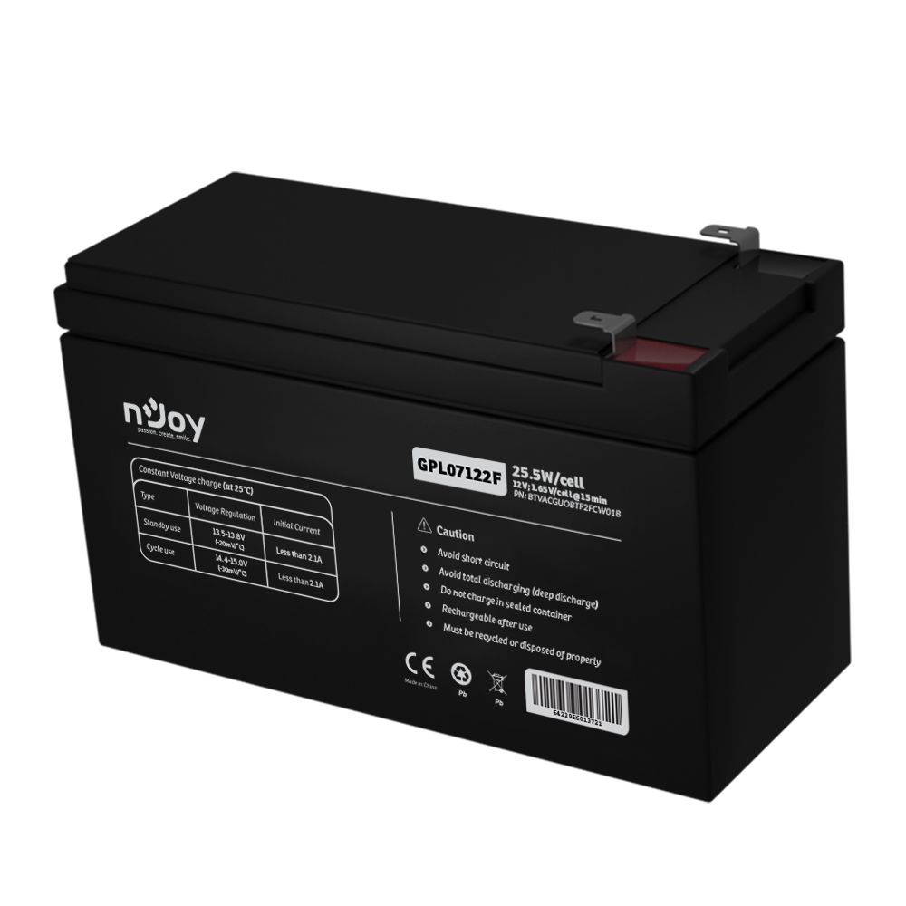 Acumulator nJoy GPL07122F, 12V 7Ah, VRLA AGM, 22.72W/cell, terminal F2, Long Life, UPS – NJOY BTVACGUOBTF2FCW01B