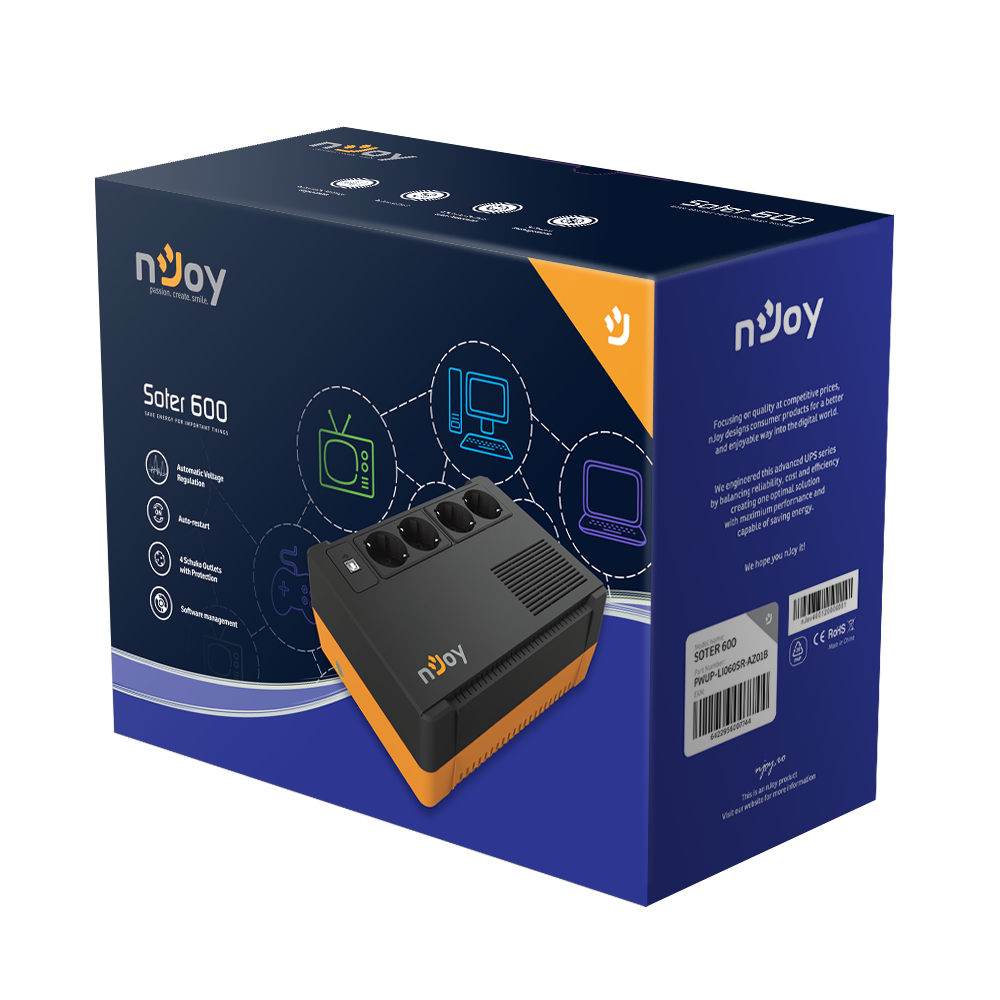 UPS nJoy Soter 600 PWUP-LI060SR-AZ01B 600VA 360W Line-Interactive cu AVR și 4 Prize Schuko – NJOY PWUP-LI060SR-AZ01B