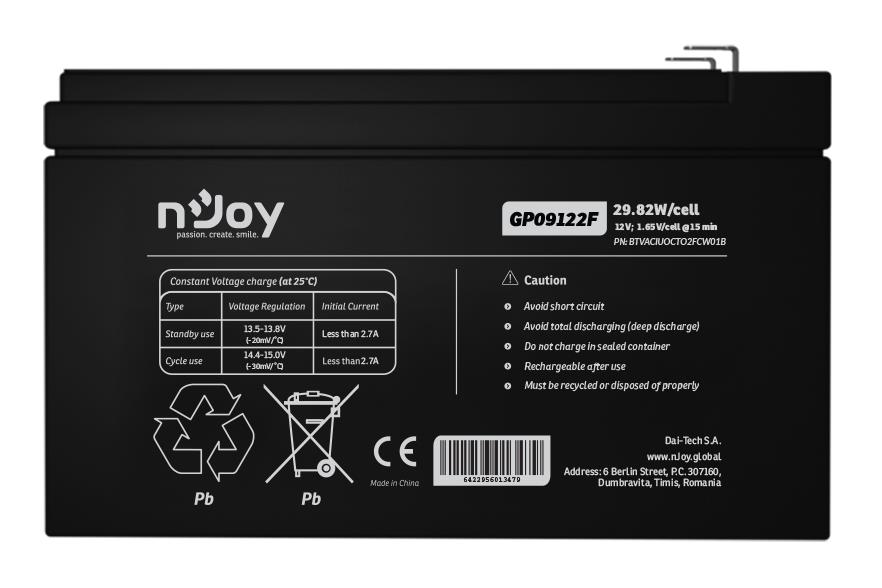 NJOY BTVACIUOCTO2FCW01B – nJoy GP09122F baterie VRLA AGM 12V 9Ah pentru UPS și sisteme standby nJoy GP09122F baterie VRLA AGM 12V 9Ah pentru UPS și sisteme standby – NJOY BTVACIUOCTO2FCW01B