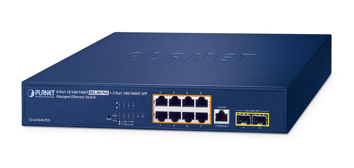 Switch managed PoE++ PLANET GS-4210-8UP2S, 8x Gigabit PoE++, 2x SFP, 180W - 1455916 – PLANET GS-4210-8UP2S