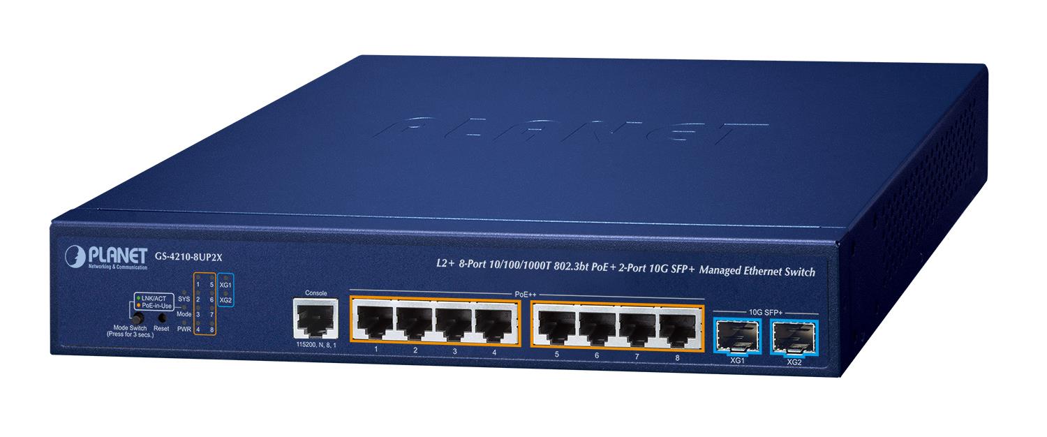 Switch managed PoE++ PLANET GS-4210-8UP2X, 8x Gigabit PoE++, 2x SFP+ 10G, 240W - 1465168 – PLANET GS-4210-8UP2XV