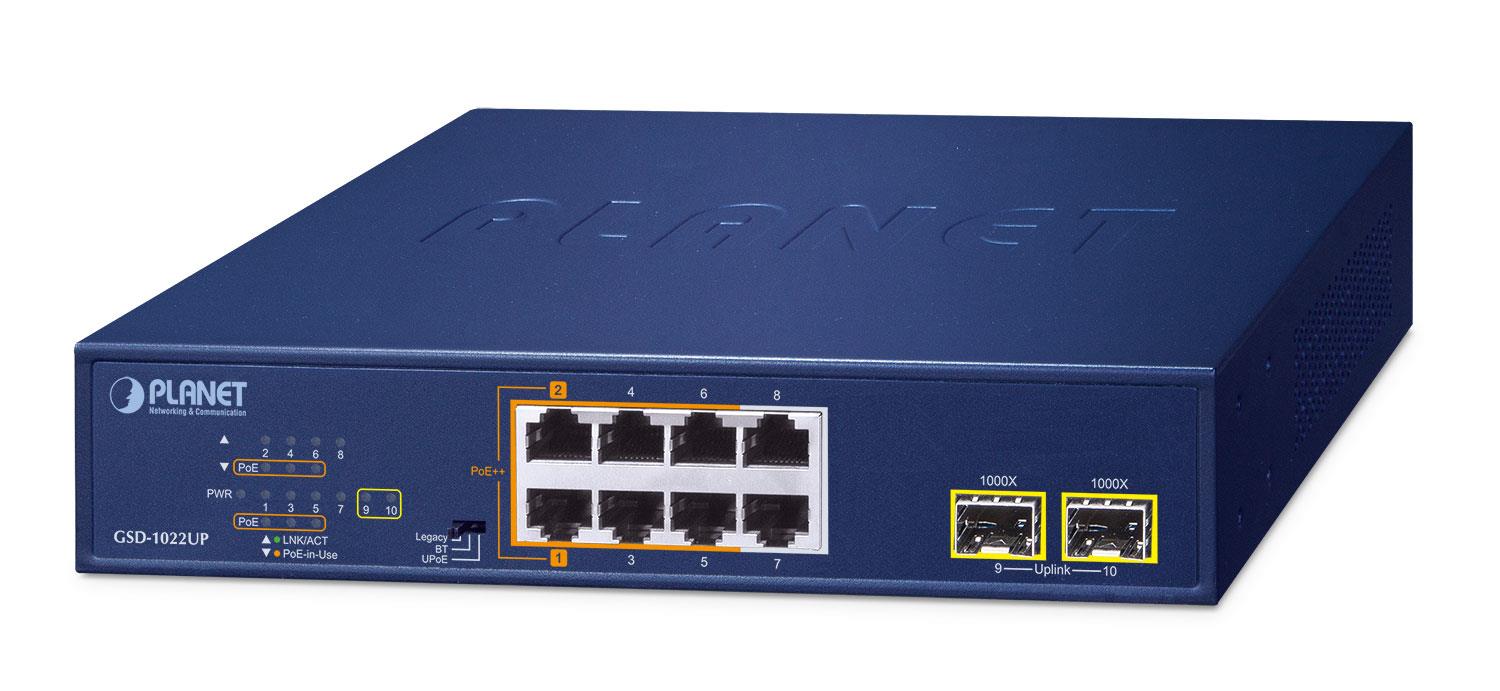PLANET GSD-1022UP – Switch PoE++ PLANET GSD-1022UP, 8x Gigabit, 6x PoE, 2x SFP, 180W - 1455946 Switch PoE++ PLANET GSD-1022UP, 8x Gigabit, 6x PoE, 2x SFP, 180W - 1455946 – PLANET GSD-1022UP
