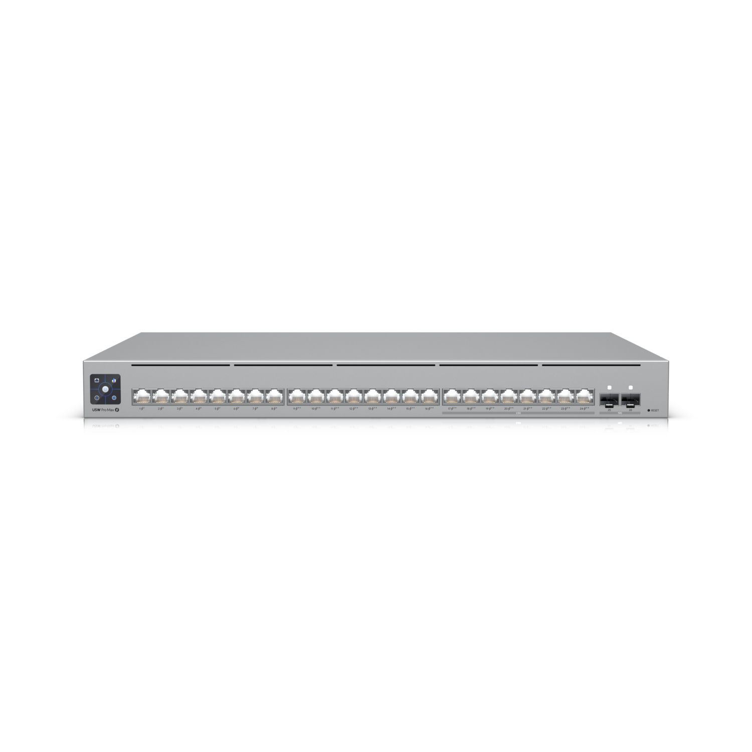 Ubiquiti USW-Pro-Max-24-PoE Switch UniFi cu 24 porturi multi-gigabit PoE++, dotat cu funcții de layer 3 și etherlighting.