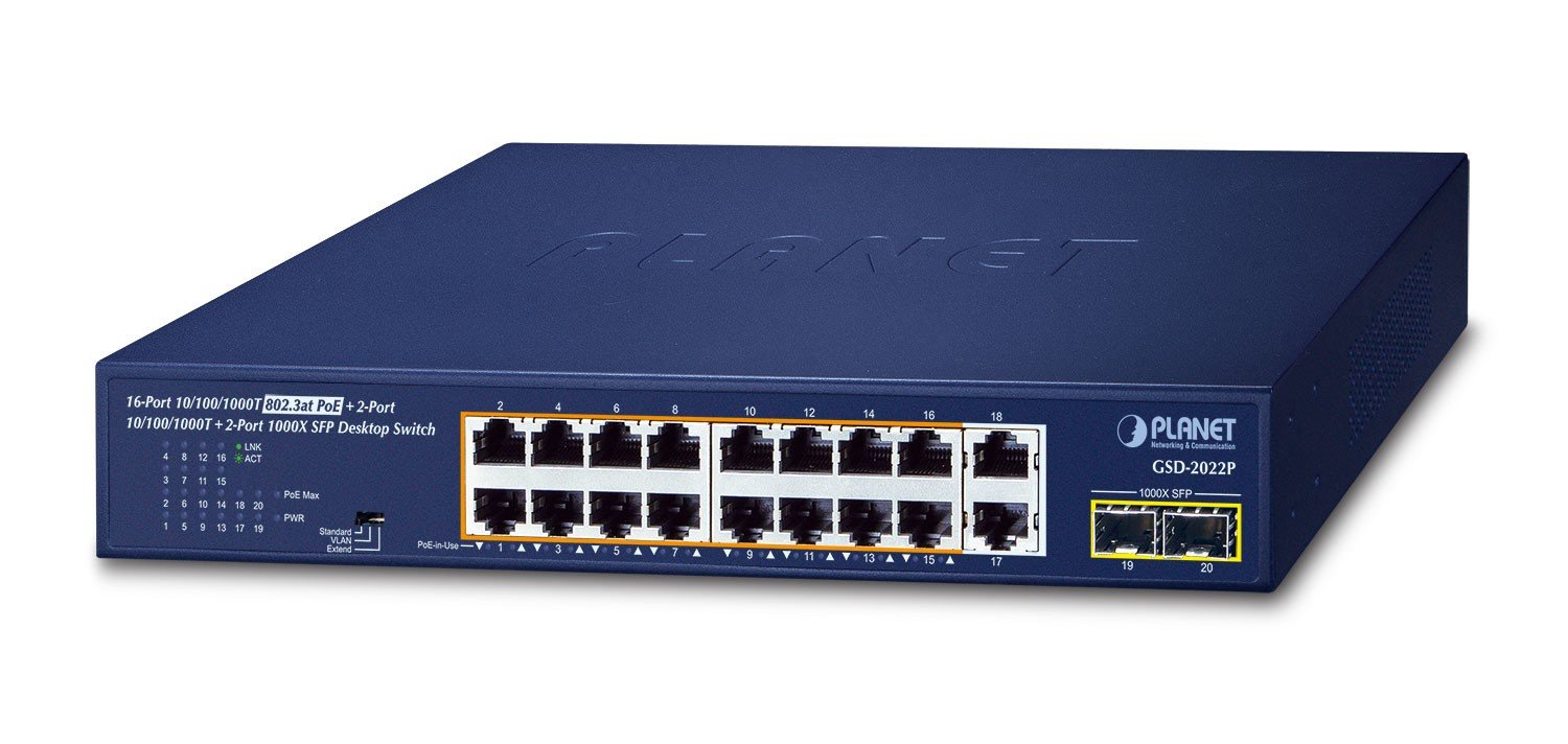 PLANET 16-Port 10/100/1000T 802.3at PoE Unmanaged Gigabit Switch – PLANET GSD-2022P