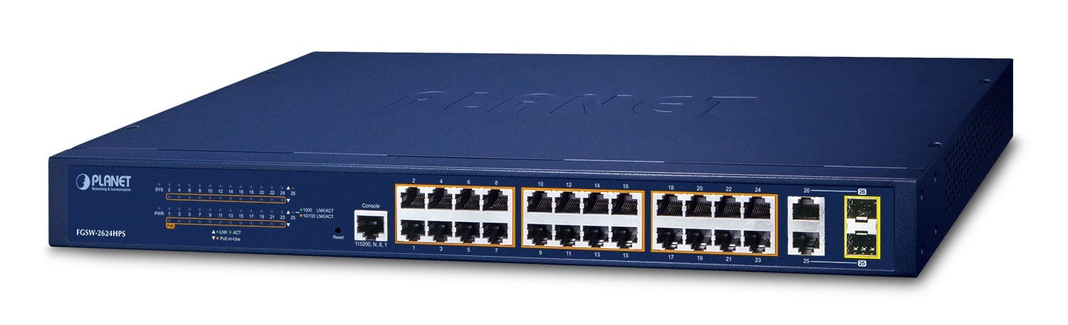 PLANET FGSW-2624HPS Switch Gestionat L2/L4 24-Port Fast Ethernet PoE+ 2x Gigabit Combo – PLANET FGSW-2624HPS
