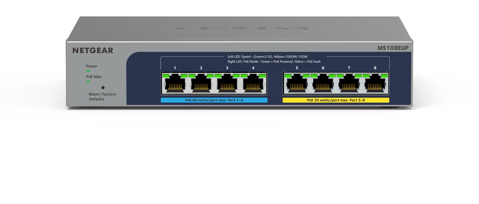 MS108EUP-100EUS | Netgear | NETGEAR 8-port Ultra60 PoE++ Multi-Gigabit (2.5G) Ethernet Plus Switch Fara management L2/L3 2.5G Ethernet (100/1000/2500) Power over Ethernet (PoE) Suport Gri NETGEAR 8-port Ultra60 PoE++ Multi-Gigabit (2.5G) Ethernet Plus Switch Fara management L2/L3 2.5G Ethernet (100/1000/2500) Power over Ethernet (PoE) Suport Gri